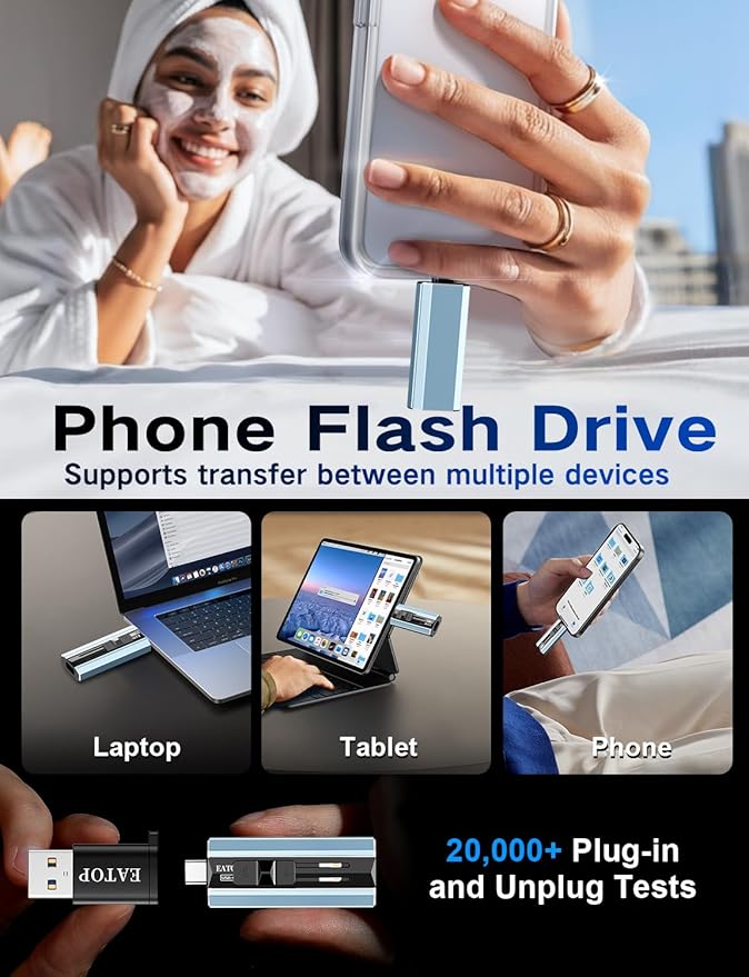 EATOP 256GB Dual Interface Flash Drive, No App Required, Portable USB Storage Memory Stick for iPhone, iPad, Android, PC & Mac – Easily Stores Photos, Videos & Files (Mist Blue)