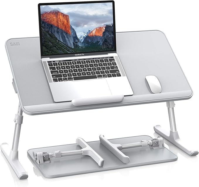 SAIJI Leather Laptop Bed Tray Table, Adjustable Laptop Stand with Removable Stopper, Portable Lap Desks with Foldable Legs, Notebook Stand Breakfast Reading Desk for Sofa Couch Floor(Large,Gray)