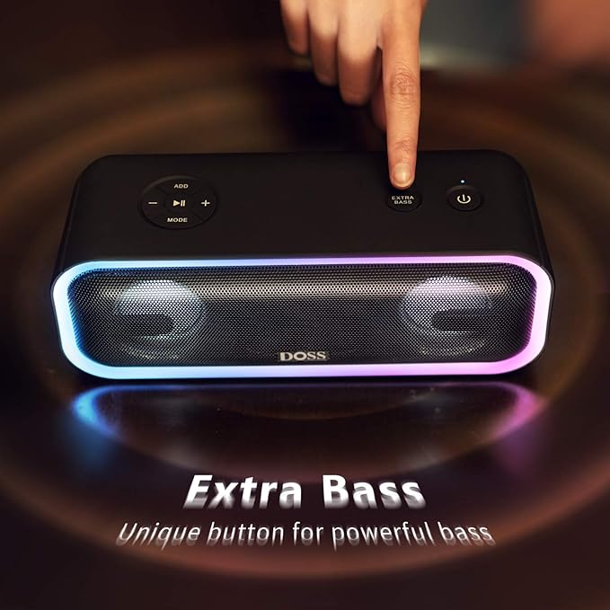 DOSS SoundBox Pro+ Bluetooth Speaker, Immersive 24W Stereo Sound with Booming Bass, IPX6 Waterproof, 15H Playtime, Mixed Colors Lights, Wireless for Backyard, Hiking, Garage, Party-Black