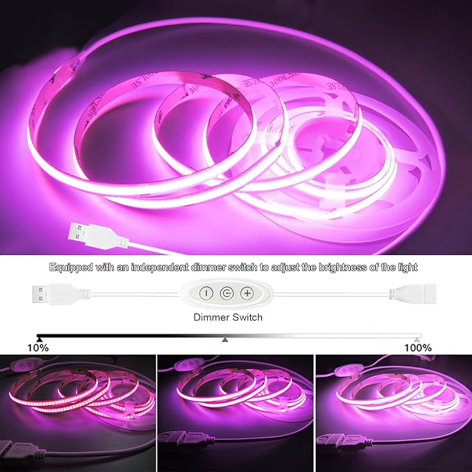 Pink LED Strip Lights USB 5V 4.9ft Small Dimmable COB Light Strip with USB Dimmer Switch for Bedroom, Gaming Setup, TV Backlighting, Vanity Mirror, DIY Crafts, Pink Room Decor