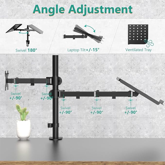 WALI Dual Arm Laptop and Monitor Desk Mount for 17" Notebook and Up to 27" Screen, Fully Adjustable Monitor Arm with Laptop Tray, VESA 75x75 100x100, Holds up to 22 lbs, Black (M001LP)