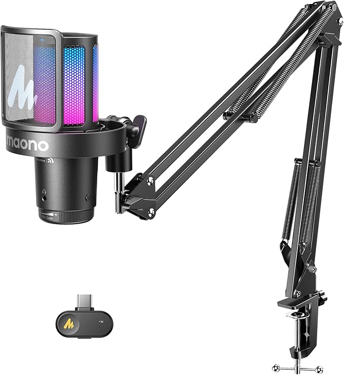 MAONO DGM20W Wireless Gaming Microphone for PC, Condenser USB Mic with Boom Arm for Streaming, Touch Noise Cancellation, Quick Mute,Gain Control,RGB, Computer Condenser Mic for PS5 Twitch Discord