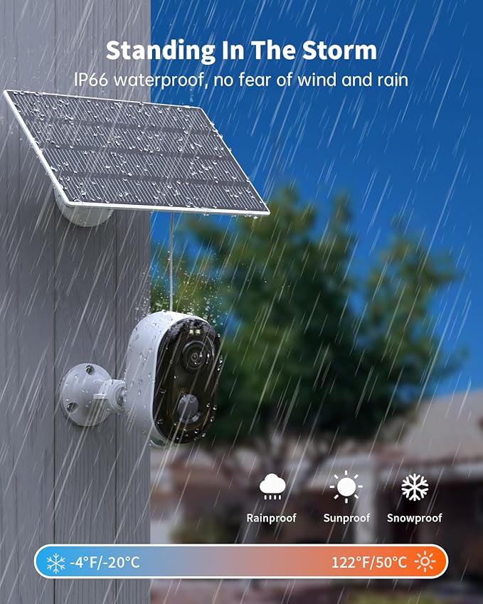 Security Cameras Wireless Outdoor, Solar Battery Powered 2k Color Night Vision, AI Motion Detection, IP66 Weatherproof, 2-Way Talk, SD/Cloud Storage, 2.4Ghz WiFi Cameras for Home Security (1 Pack)
