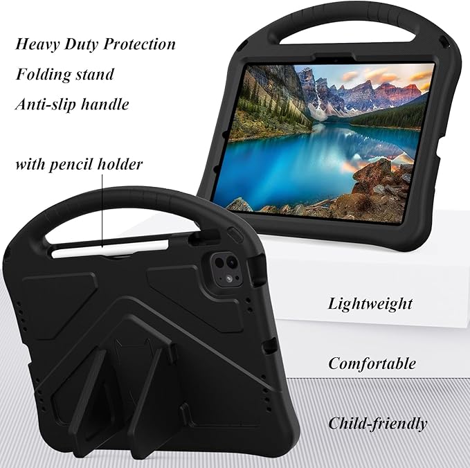 Kids Case for iPad Pro 11-Inch 2022/2021/2020/2018 (4th/3rd/2nd/1st Generation) & iPad Air 5th/4th Gen Case 2022/2020 10.9" with Kickstand/Handle/Pencil Holder Stand Girl Boy Cover, Black