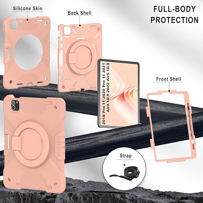 SCSVPN for iPad Air 5th/ 4th Generation 10.9'' Case, iPad Pro 11 Inch Case 4th/3rd/2nd/1st Gen 2022 2021 2020 2018: Protection Kids Cover with Pencil Holder-Stand-Handle-Shoulder Strap, Rose Gold