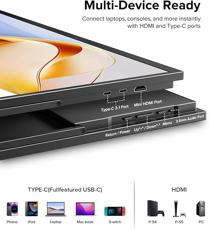 Portable Monitor 4K 23.8", 3840x2160 UHD 24" QLED Large Monitor, 400 Nits | 100% DCI-P3 | USB-C & HDMI | VESA & Stand | Second Screen for Computer, Mini PC, Game Consoles