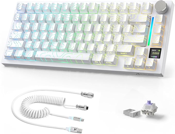 Attack Shark X820Ultra Wireless 75% Mechanical Gaming Keyboard with Screen & Knob Hot Swappable 2.4GHz/BT/Wired RGB Backlit Gasket Mount Side Print PBT Keycap QMK Web Driver Gift Switch-White Contour