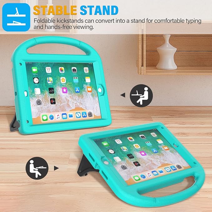 SUPLIK Kids Case for iPad 5th/6th Generation(9.7 inch, 2017/2018), iPad Air 2/1 & Pro 9.7 Kids Case with Screen Protector, Durable Protective Cover with Handle Stand for Apple iPad 5/6 Gen, Cyan