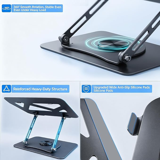 Leeboom Adjustable Laptop Stand for Desk, Ergonomic Height Adjustable Riser, 360° Rotating & Foldable, Ventilated Cooling, Fits Up to 17.3” Laptops (Including Gaming Laptops), Dark Silver