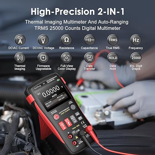 Goldeep 2 in 1 Thermal Imaging Camera, 240 x 240 TISR Resolution, 96x96 IR Resolution with 25000 Counts Multimeter, Professional Digital Multimeter with IR Camera, -4℉-1022℉ Temperature Range (Black)