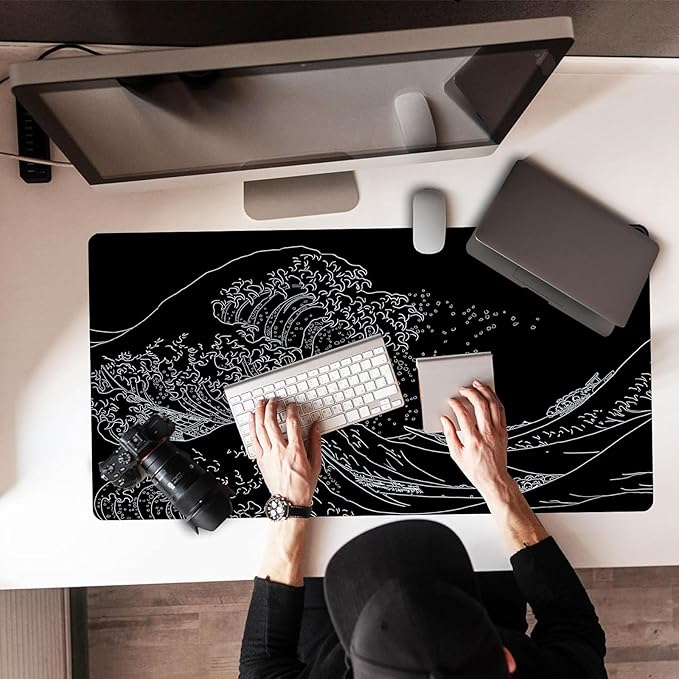 Japanese Kanagawa Sea Wave Large Gaming Mouse Pad Black XXL Keyboard Pad, Mouse Mat, Desk Pad, Non-Slip Rubber Base & Stitched Edges - Extended Mousepad for PC/Laptop/Office/Home Decor 31.5"x15.7"