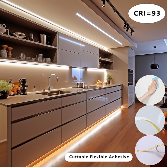 BENLUN 12V COB LED Under Cabinet Strip Lighting Kit 32.8ft, 3000K Warm White Cuttable LED Tape Lights 8W/M CRI 93 320LEDs/M with Dimmer and Power Supply for Kitchen Bookcase Shelf Display