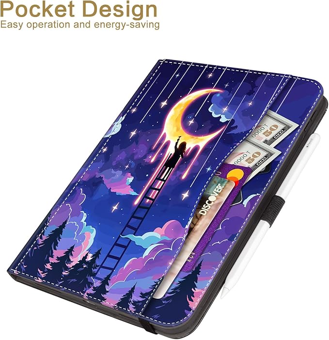 Vimorco Case for iPad (A16) 11th Generation 2025, for iPad 11th/10th Generation Case, Pencil Holder/Hand Strap/Pocket, Multiple Stand Protector Shell Cover, Auto Wake/Sleep, Fantasy Moon Oil Painting