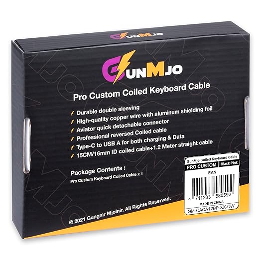 GUNMJO Pro Custom Coiled USB C Cable for Gaming Keyboard, Double-Sleeved Mechanical Keyboard Cable with Detachable Metal Aviator, 1.5M USB-C to USB-A, Black Pink