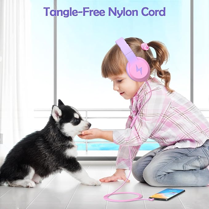 Candy Bila Kids Headphones, Wired Headphones for Kids Over Ear with Microphone, 85/94dB Volume Limiter Headphone for Girls Boys, Foldable Headphone for Learning & Entertainment, Gradient Red