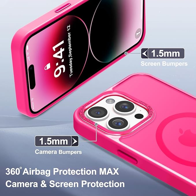 Newfuture Designed for iPhone 14 Pro Max Case with Magnetic [13 FT Military Drop Protection] [Compatible with Magsafe] Slim Translucent Matte Shockproof with Anti-Fingerprint Phone Case, Hot Pink