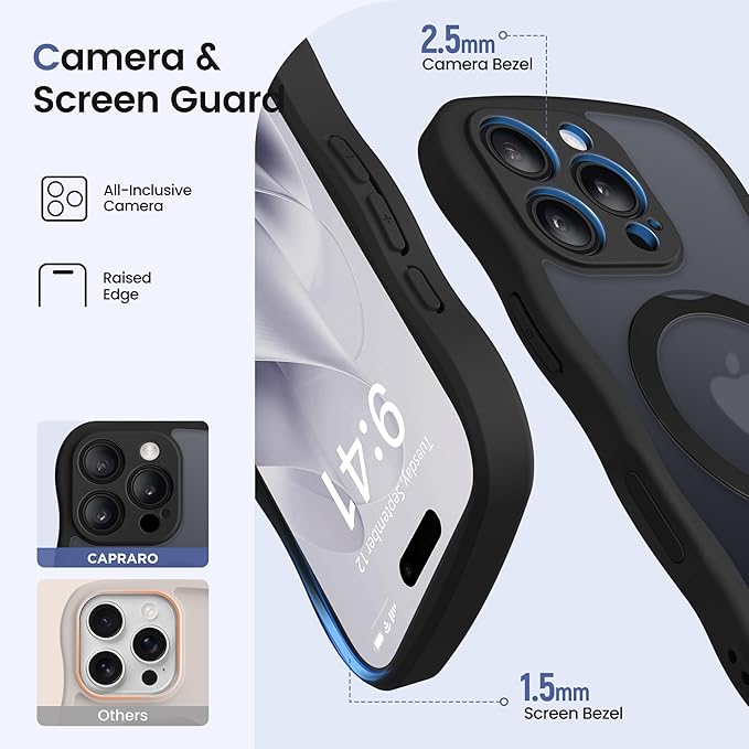 CAPRARO for iPhone 16 Pro Case with 360° Spin Magnetic Stand for Women, [Compatible with MagSafe] [Full Camera Protection] Cute Wave Translucent Matte Case for iPhone 16 Pro, Black