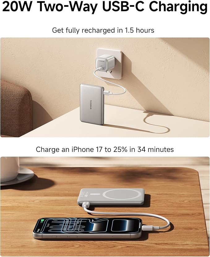 Baseus Picogo Power Bank, Smallest 5,000mAh Magnetic Wireless Charger with USB-C Braided Cable, Fast Charging Portable Battery Pack, NTC Safety Alloy Travel Essential for iPhone 7 Pro Max/17 Air/17e