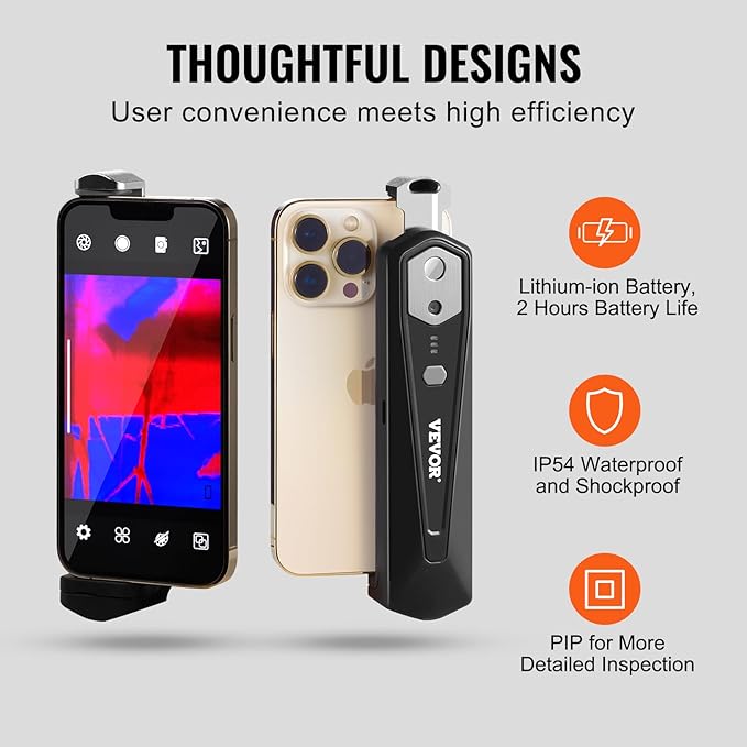 VEVOR Thermal Imaging Camera for Android & iOS, 256 x 192 IR Resolution Wireless Infrared Thermal Imager with WiFi & Visual Camera, 25Hz Refresh Rate Thermal Camera for Smartphone, -4°F-1022°F, IP54