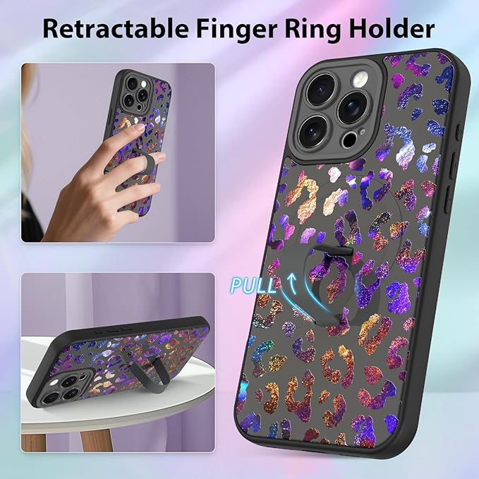 KANGHAR Compatible with iPhone 15 Pro Case, Support for MagSafe, Silicone Cute Iridescent Leopard Cheetah Pattern, Wristband Kickstand Shockproof Protective Slim Cover for Women Girls, Black