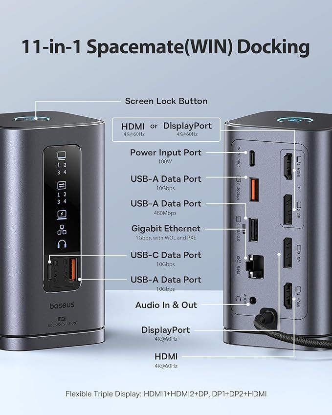 Baseus Spacemate Docking Station, 11-in-1 USB-C Dock for Windows Laptop, Triple Display with 4K HDMI & DP, 10Gbps USB-C & USB-A, Ethernet, Audio, 100W PD Charging for Dell HP Lenovo Acer and More