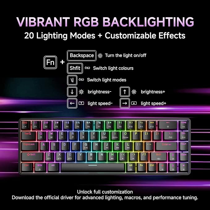 DIERYA DK68 Wireless Mechanical Keyboard, 60% Gaming Keyboard with Blue Switch, Triple Mode 2.4GHz/USB-C/BT5.0, RGB Backlit, Anti-Ghosting Keys, 68 Keys Portable Mini Wired Office Keyboard-Black