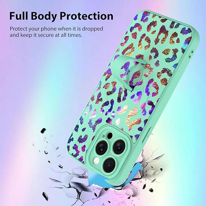KANGHAR Compatible with iPhone 15 Pro Max Case, Support for MagSafe, Silicone Cute Iridescent Leopard Cheetah Pattern, Wristband Kickstand Shockproof Protective Slim Cover for Women Girls, Green