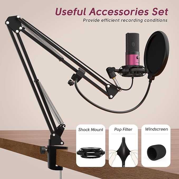 FIFINE Podcast Microphone Kit-USB PC Computer Recording Microphone, Condenser Mic Set for Streaming, Gaming, Voice-Over, Meeting, with Arm Stand, Shock Mount, Pop Filter-T669 Rose Red