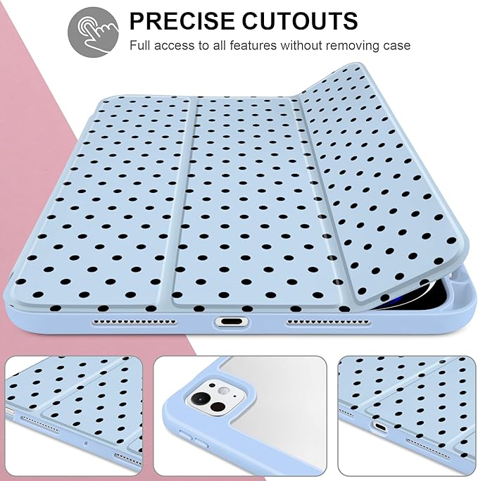 Case for iPad Pro 11 Inch (M5 2025 M4 2024) – [Built-in Pencil Holder], Shockproof & Stylish, Clear Hard Back + Soft TPU Edge, Magnetic Trifold Stand, Auto Wake/Sleep, Blue Polka dot