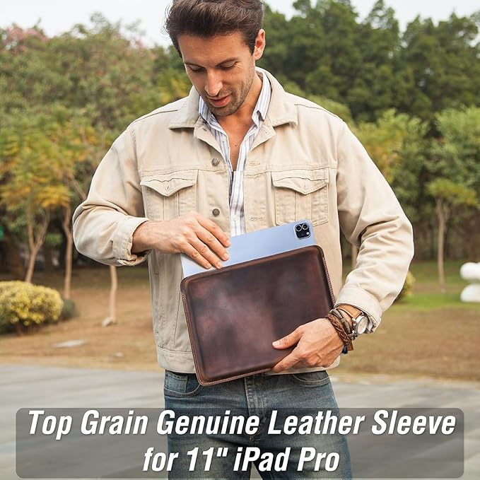 Top Grain Leather 11" Sleeve Slim Protector Case for Tablet, Solid Vintage Design, Fully Handmade, Compatible with 10.5"/10.9"/11" iPad Pro/Air, 10.2" iPad 7th/8th/9th Gen, Coffee 11 Inch