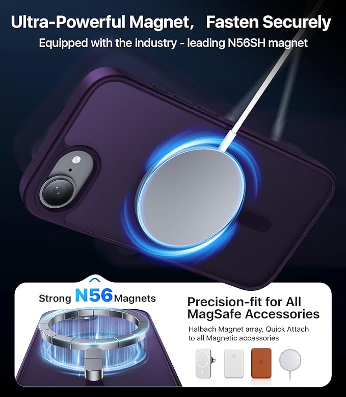 Eastinbox Magnetic Shockproof for iPhone 17e & iPhone 16e Case [Compatible with MagSafe] [Military-Grade Protection] Anti-Yellowing, Matte Protective Phone Case for iPhone 17 e/16 e 6.1", Purple