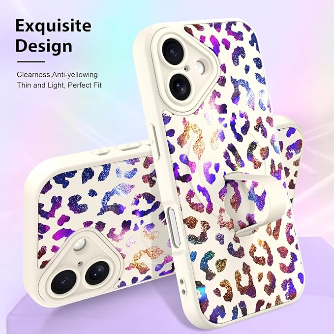 KANGHAR Compatible with iPhone 17 Case, Support for MagSafe, Silicone Cute Iridescent Leopard Cheetah Pattern, Wristband Kickstand Shockproof Protective Slim Cover for Women Girls, White