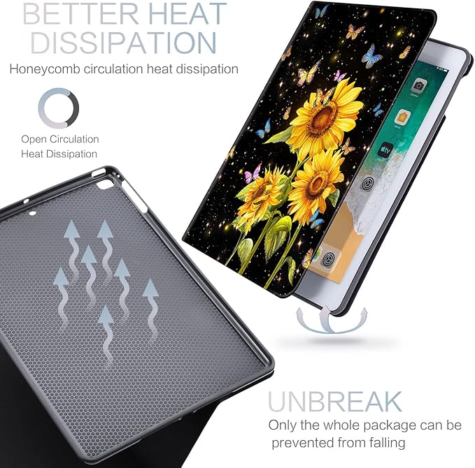 for iPad 6Th/5th Generation Case, for iPad Cover 6th/5Th Generation, for iPad Air/Air 2 Case for iPad 9.7 Cover Auto Wake/Sleep Multi-Angle Viewing Adjustable Stand Sunflower Butterfly
