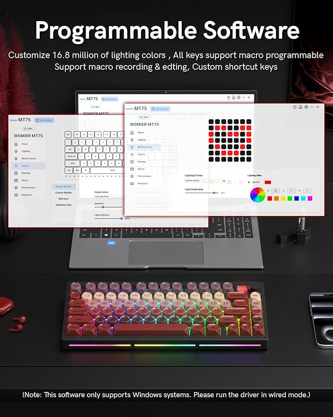 MT75 Lipstick Wireless Mechanical Keyboard, 75% Layout, Hot Swap Gasket Custom Structure, Creamy Pre-lubed Switches Gaming Keyboard with MOA Jelly Keycaps, RGB Backlit, BT5.0/2.4G/USB-C Mode