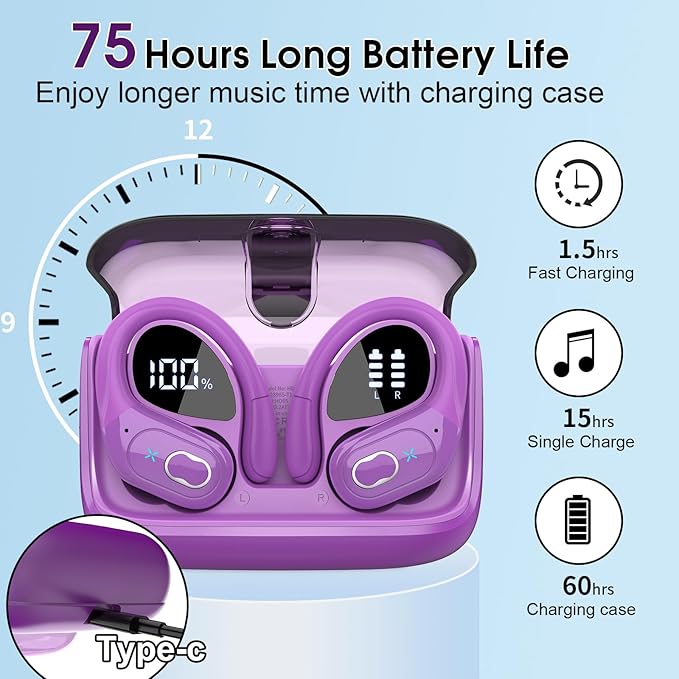Wireless Earbuds 75hrs Bluetooth 5.4 Headphone Sport, 2026 Bluetooth Earbuds Stereo Deep Bass Over Ear Bud with Earhooks, ENC Noise Cancelling Mic, IPX7 Waterproof Earphone for Gym/Workout, Purple