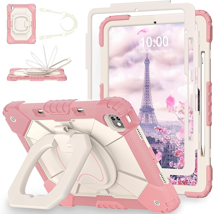 WESOROL for iPad Pro 13 Inch Case M5 2025/M4 2024 (7th Gen) with Screen Protector/360° Rotating Stand/Pencil Holder/Shoulder Strap,Military Grade Shockproof iPad Case 13 Inch iPad Pro M5/M4,Rose Gold