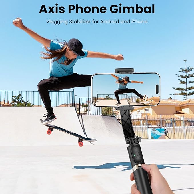 Smartphone Gimbal Stabilizer, 1-Axis Auto Balance & 360° Rotation, Extendable Aluminum Selfie Stick Tripod with Remote Control for iPhone & Android,Travel, Vlogging, TikTok, YouTube