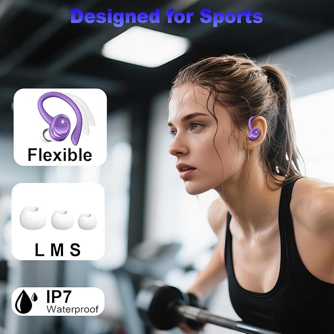 Hupoaf Wireless Earbuds Sport, 2025 Bluetooth 5.4 Headphones with Earhooks, 50H Stereo Deep Bass Over Ear Buds with 4 ENC Noise Canceling Mics, IP7 Waterproof Earphones for Running Workout Gym -Purple