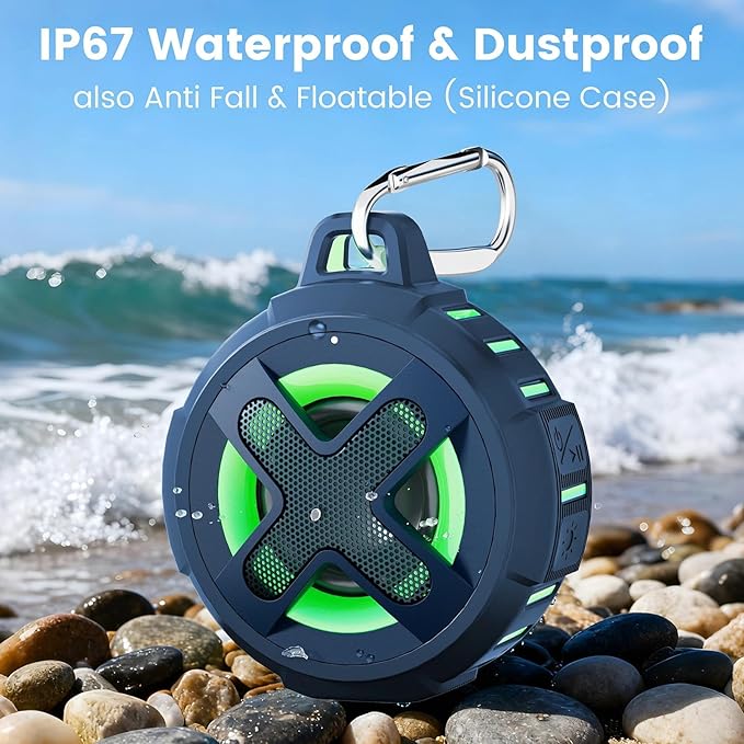 XLEADER X8, Upgraded, Portable Bluetooth Speaker, Certified IP67 Waterproof Shower Speaker, Silicone Case, 10W Bass, 24Hrs Playtime, Small, Floating, RGB Lights, Clip, for Pool Beach Kayak, Sea Blue