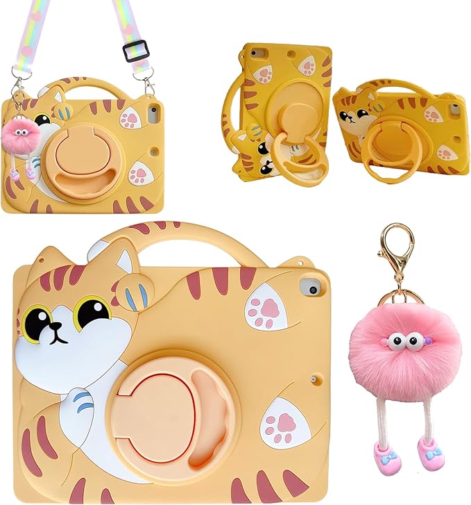 3D Cute Vivid Cat Case for iPad 9th/8th/7th 10.2 inch/Air 3rd 2019 /Pro 2017 10.5 inch,Kawaii Cartoon Character Pretty Cat Soft Silicone Rotating Stand Case with Lanyard for Kids Teens Girls Women