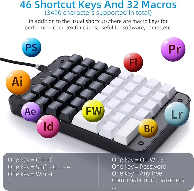 Koolertron One Handed Mechanical Gaming Keyboard with 32 Macro Keys, 46-Key Fully Programmable Mini Keypad, Mini USB Macro Keyboard for PC Gamers