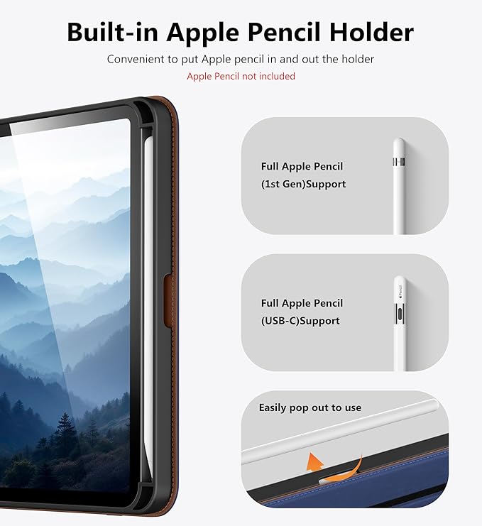 DTTO for iPad mini 7 (A17 Pro) Case, iPad mini 7th / 6th Generation Case (2024/2021), 360 Degree Rotating Premium Leather Folio Stand Cover with Pencil Holder, Navy Blue