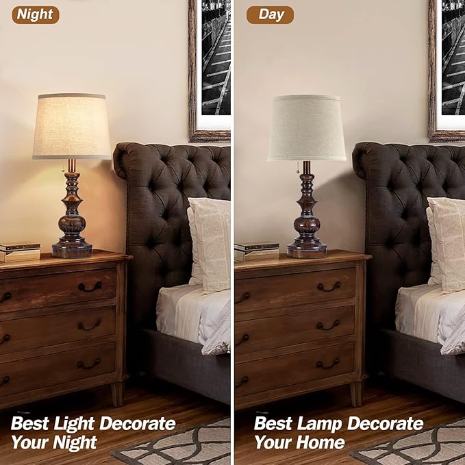 Drawealth Vintage Bedside Table Lamps Set of 2 for Bedroom Nightstand Lamps with USB Charging Ports Rustic Farmhouse Small Table Lamp for Living Room End Tables Brown Wooden Finish, Pull Chain