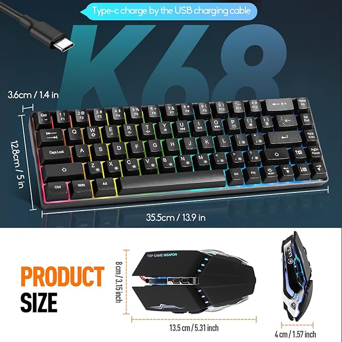Guiheng Wired 60% Gaming Keyboard and Mouse Combo, Ultra-Compact 61 Keys RGB Backlit Mini Keyboard, Lightweight 3200 DPI Optical Mouse, Gaming Set for Windows, PC, MAC, PS5, Xbox Gamer (Black)