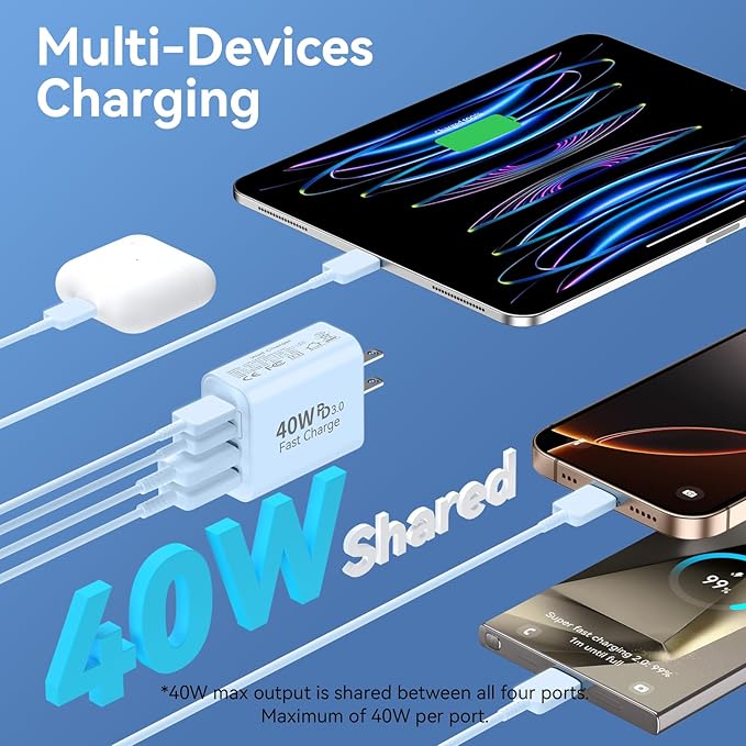 USB C Wall Charger Block, 2Pack 40W 4-Port C Charger Fast Charging Block PD Power Adapter +QC 3.0 USB A Wall Plug Multiport Type C Box Cube for i Phone 15/14/13/12/11 Pro Max, pad, Galaxy, Blue
