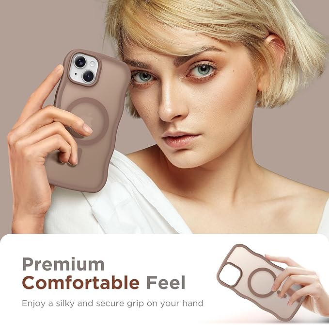 CAPRARO Cute for iPhone 13 Case & iPhone 14 Case, Compatible with MagSafe, [Curly Wave Edge] [Camera Protection] [14 FT Drop Protection] Magnetic for iPhone 13/14 6.1 Inch, Brown