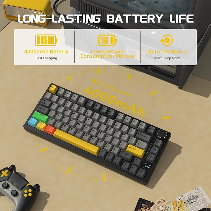 Attack Shark ajazz AK820 Pro 75% Mechanical Keyboard and Coiled Cable Hot Swappable Wireless 2.4GHz/Bluetooth/Wired TFT Screen & Knob Flying Fish Switch RGB Gasket Mount Custom Keyboard-Black