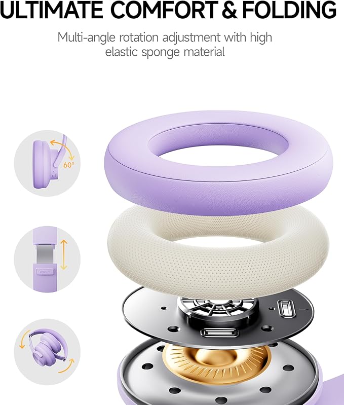 Picun B8 Headphones Wireless Bluetooth, 120H Bluetooth Headphone Over Ear with 3EQ Music Modes, Hands-Free Calls, Deep Bass Headphones for Travel Home Office Cellphone PC (Purple)
