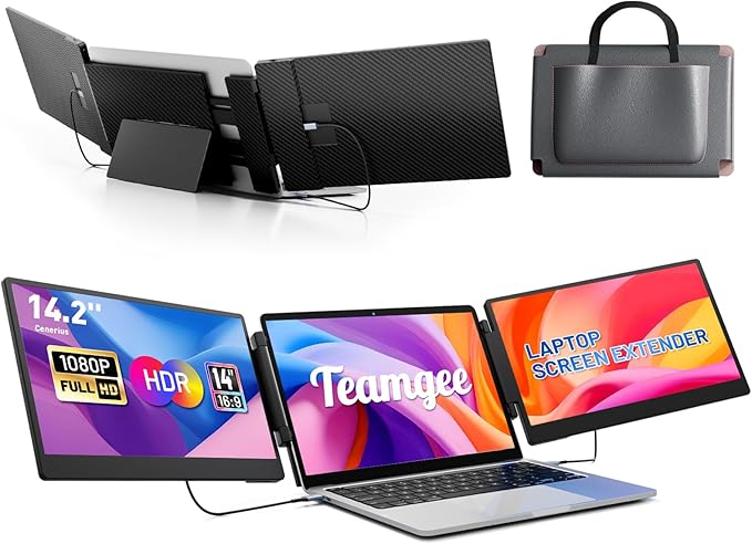 Teamgee 14.2" Laptop Screen Extender, FHD 1080P IPS Portable Monitor for Laptop, Triple Screen Monitor Extender Compatible with 13"-17" Laptops, HDMI/USB-A/C Plug-Play for Windows, Mac, Android
