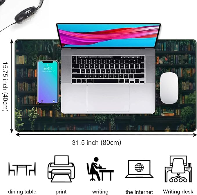 Green Leaves Desk Pad Extended Mouse Mat, Plant Bookshelf Gaming Desk Mat, Large Laptop Keyboard Pad Full Desk Mouse Pad XXL, Giant Desktop Computer Pad, Home Office Decor Aesthetic 31.5" x 15.75"